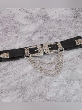 Black Western-Inspired Chain Waist Belt with Silver Buckles